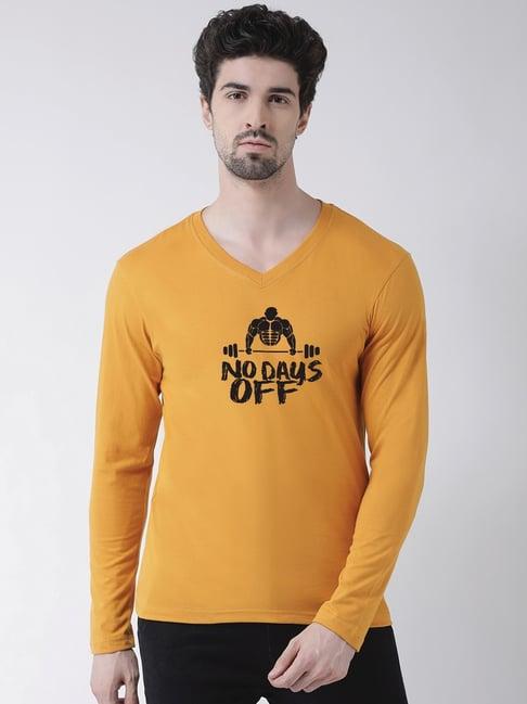 friskers mustard cotton slim fit printed t-shirt