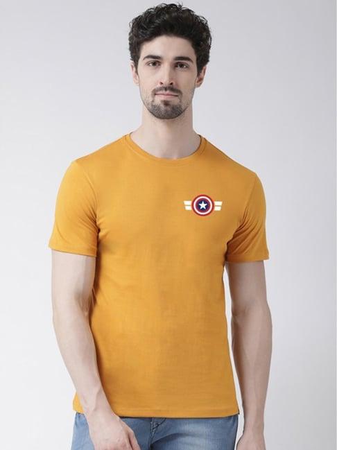 friskers mustard cotton slim fit printed t-shirt