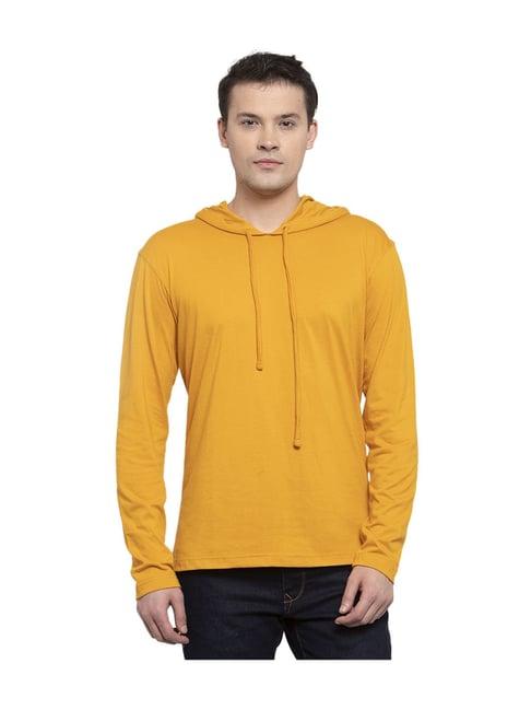 friskers mustard cotton solid full sleeves hooded t-shirt