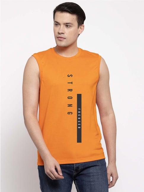 friskers mustard slim fit graphic print sleeveless t-shirt