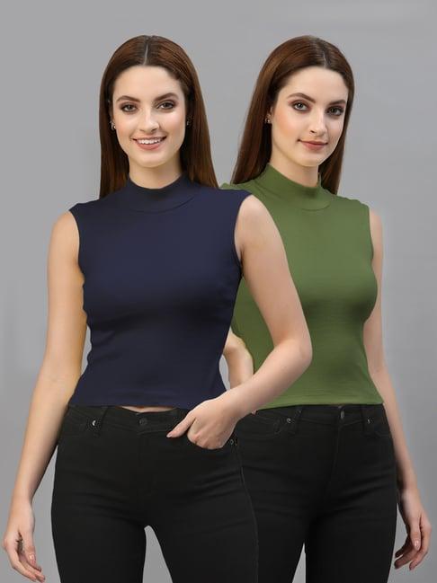 friskers navy & green cotton sleeveless top - pack of 2