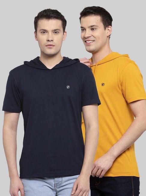 friskers navy & mustard slim fit hooded t-shirt - pack of 2