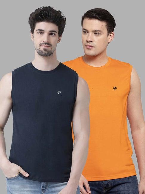 friskers navy & mustard slim fit sleeveless t-shirt - pack of 2