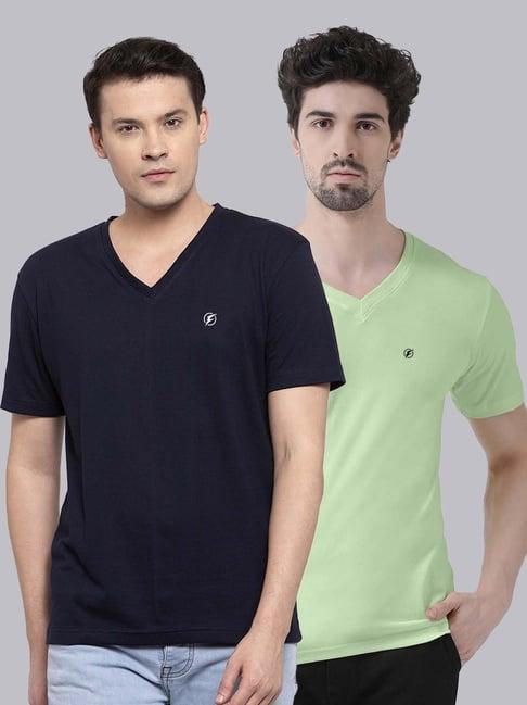 friskers navy blue & sea green cotton slim fit t-shirt