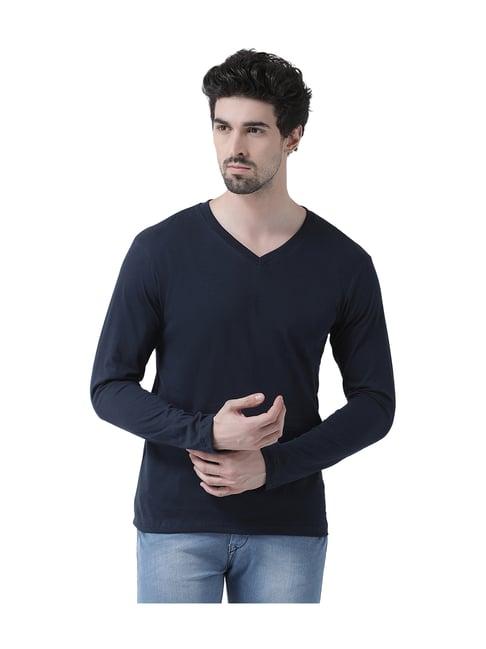 friskers navy cotton solid full sleeves t-shirt