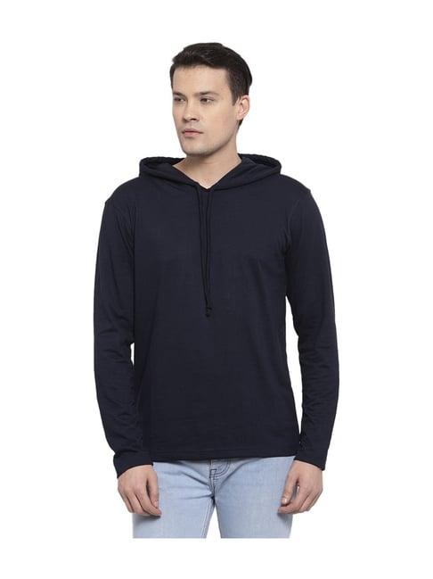 friskers navy full sleeves solid hooded t-shirt