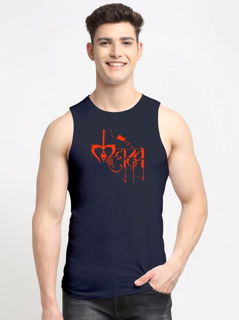 friskers navy regular fit graphic print sleeveless t-shirt