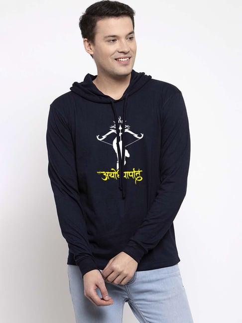 friskers navy slim fit graphic print hooded t-shirt