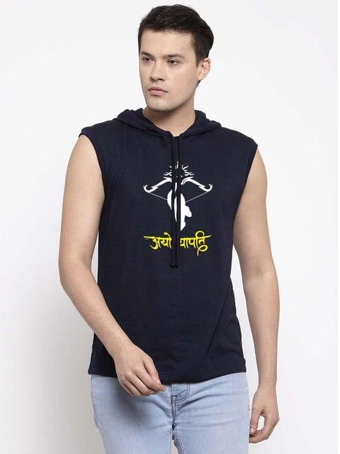 friskers navy slim fit graphic print sleeveless hooded t-shirt