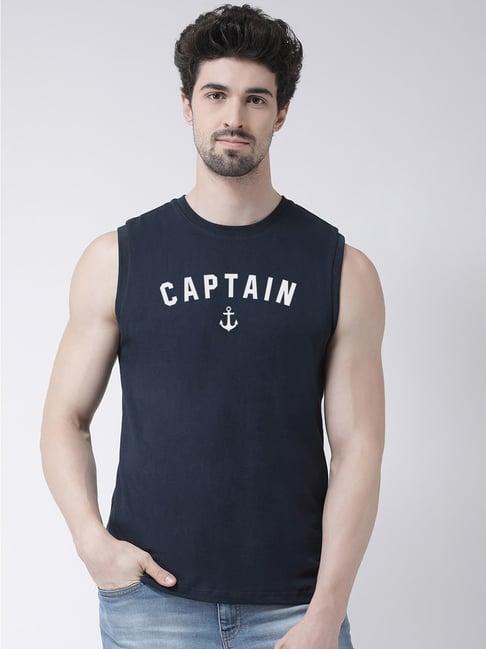 friskers navy slim fit graphic print sleeveless t-shirt