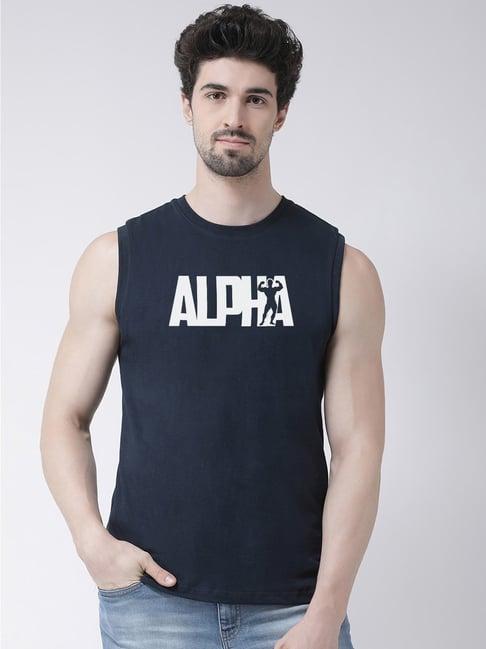 friskers navy slim fit graphic print sleeveless t-shirt