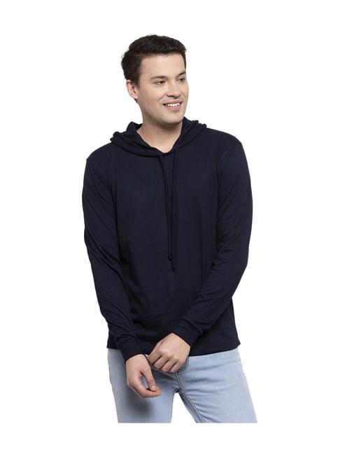 friskers navy solid full sleeves hooded t-shirt