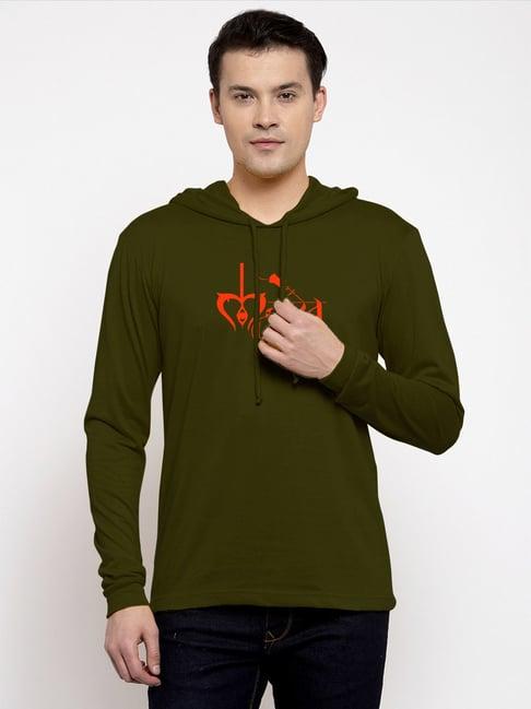 friskers olive regular fit graphic print hooded t-shirt