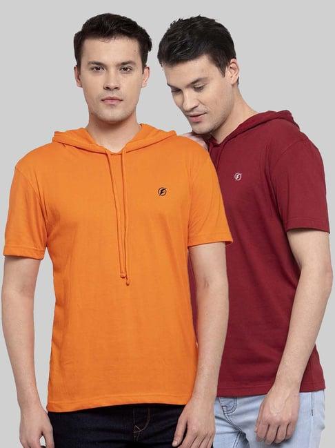 friskers orange & maroon slim fit hooded t-shirt - pack of 2