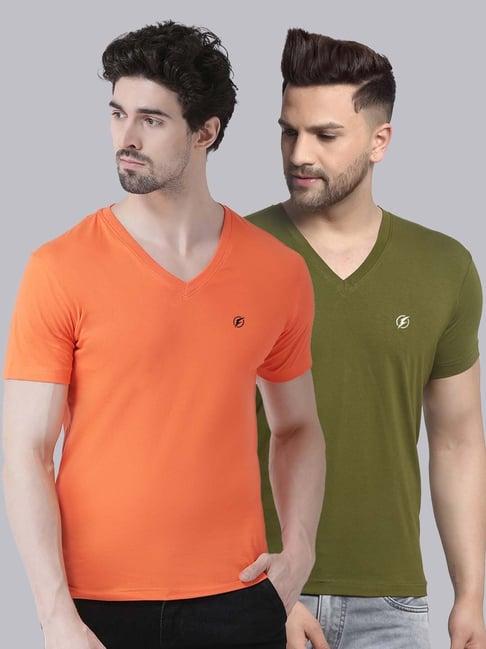 friskers orange & olive green cotton slim fit t-shirt