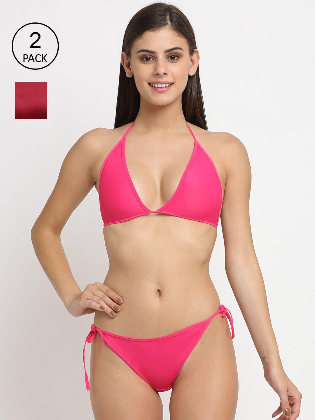 friskers pack of 2 maroon & pink non padded bikini sets