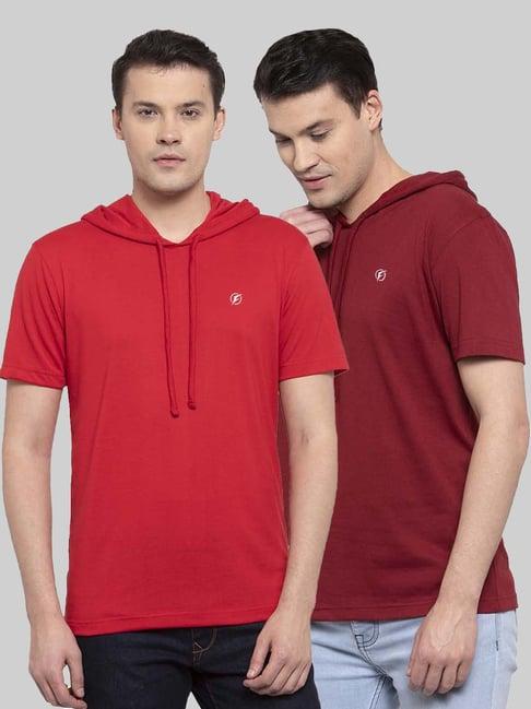 friskers red & maroon slim fit hooded t-shirt - pack of 2