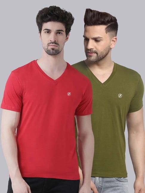 friskers red & olive green cotton slim fit t-shirt