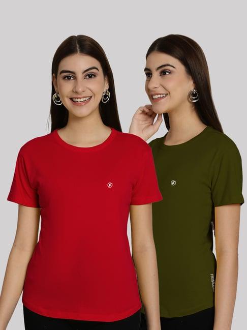 friskers red & olive green slim fit t-shirts - pack of 2