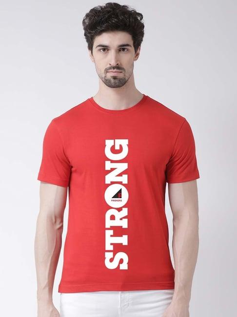 friskers red cotton slim fit printed t-shirt