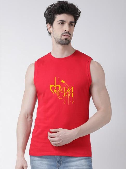 friskers red slim fit graphic print sleeveless t-shirt