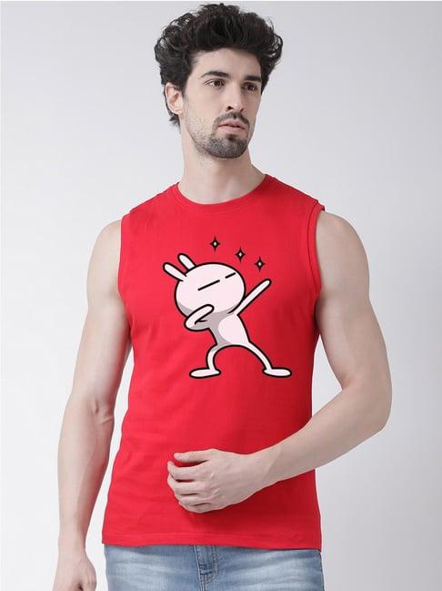 friskers red slim fit graphic print sleeveless t-shirt