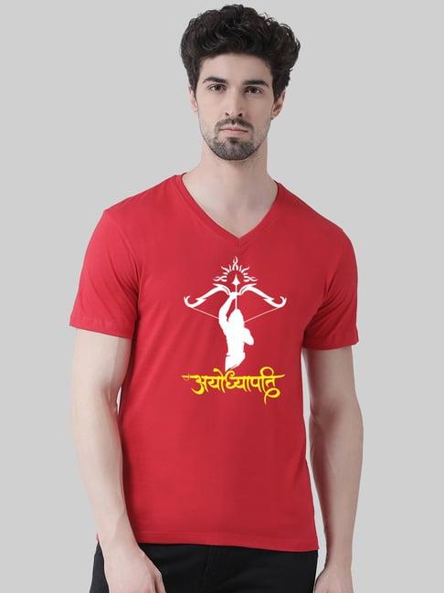 friskers red slim fit graphic print v-neck t-shirt