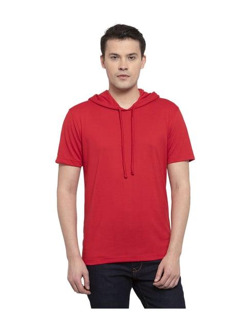 friskers red solid cotton short sleeves hooded t-shirt