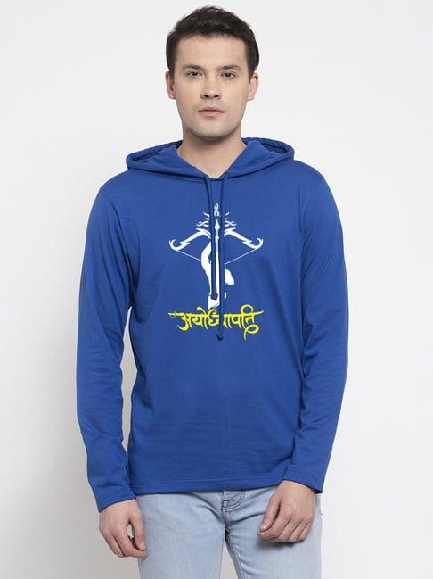 friskers royal blue slim fit graphic print hooded t-shirt