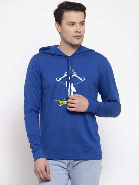 friskers royal blue slim fit graphic print hooded t-shirt