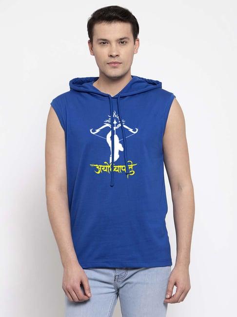 friskers royal blue slim fit graphic print sleeveless hooded t-shirt