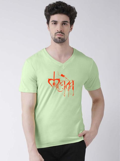 friskers sea green regular fit graphic print v-neck t-shirt