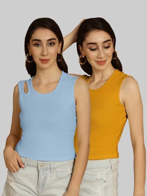 friskers sky blue & mustard cotton slim fit crop top