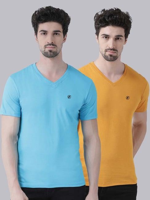 friskers turquiose blue & mustard cotton slim fit t-shirt