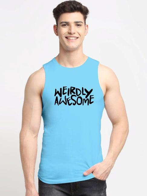 friskers turquoise cotton slim fit printed vest