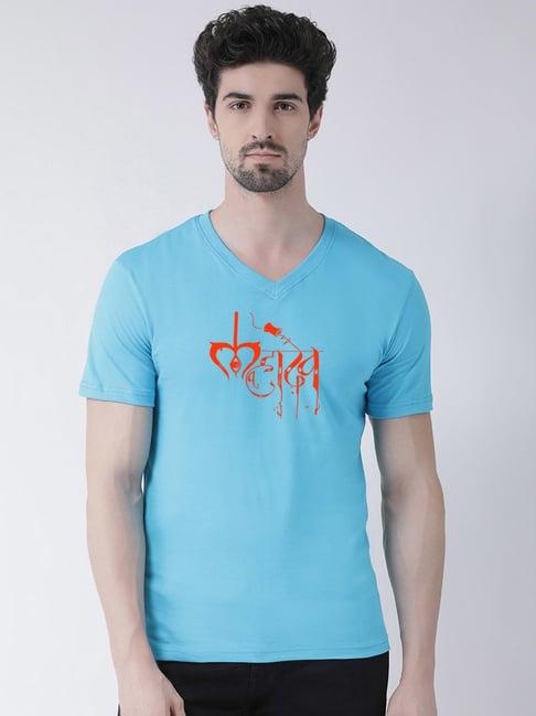 friskers turquoise regular fit graphic print v-neck t-shirt