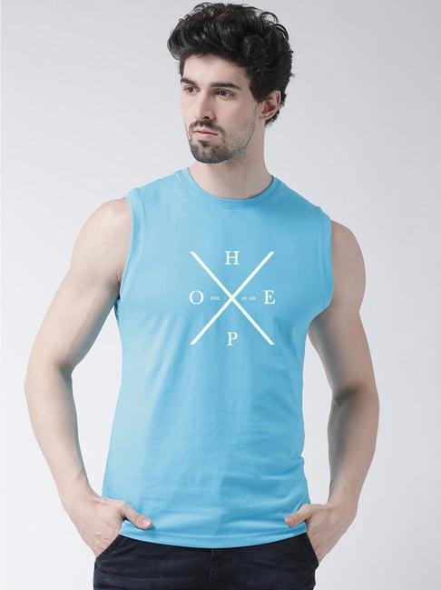 friskers turquoise slim fit graphic print sleeveless t-shirt