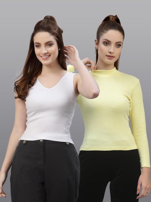 friskers white & yellow cotton v neck top - pack of 2