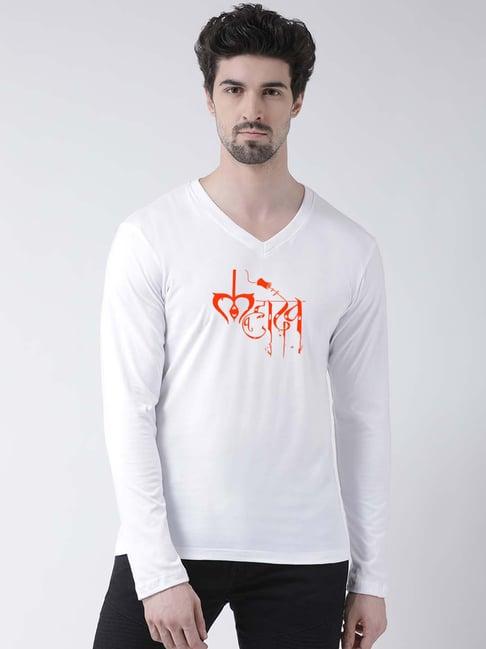 friskers white regular fit graphic print v-neck t-shirt