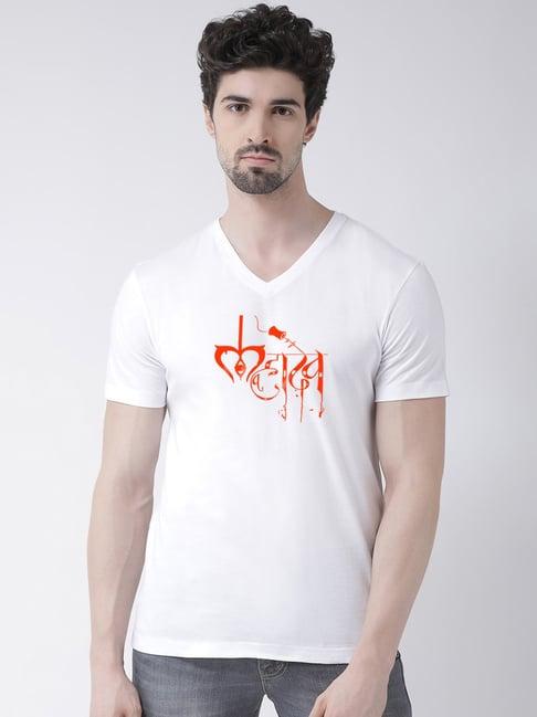 friskers white regular fit graphic print v-neck t-shirt