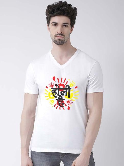 friskers white slim fit graphic print v-neck t-shirt