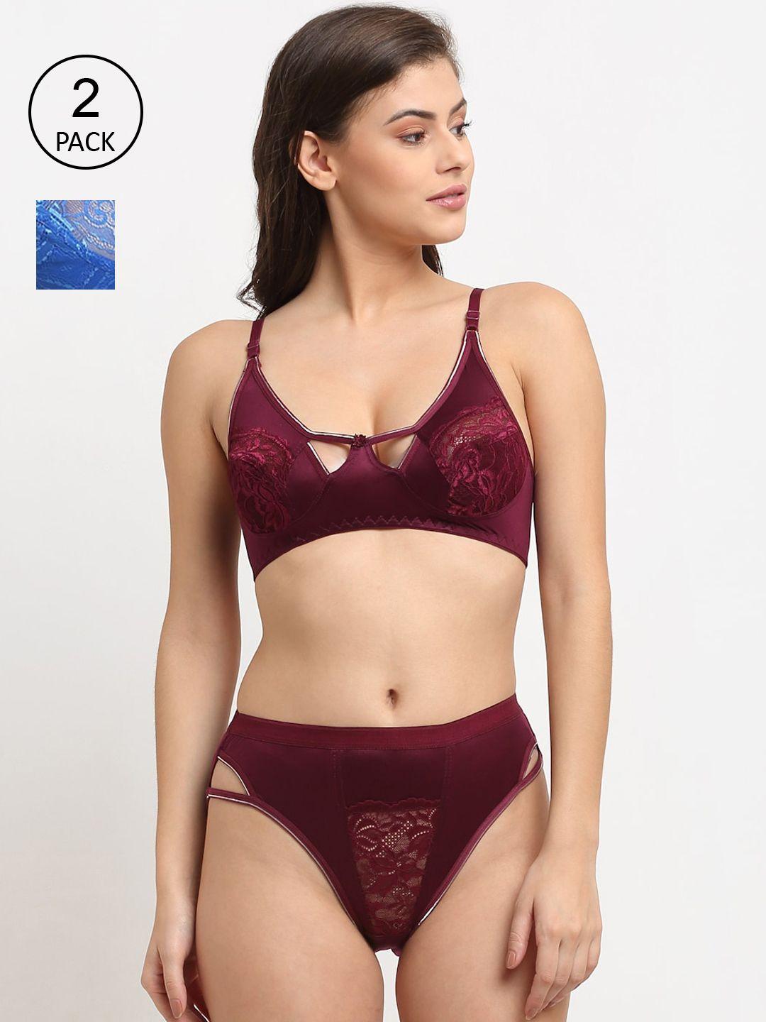 friskers women blue & maroon pack of 2 non padded lace lingerie set 2o-306-05-309-38-30