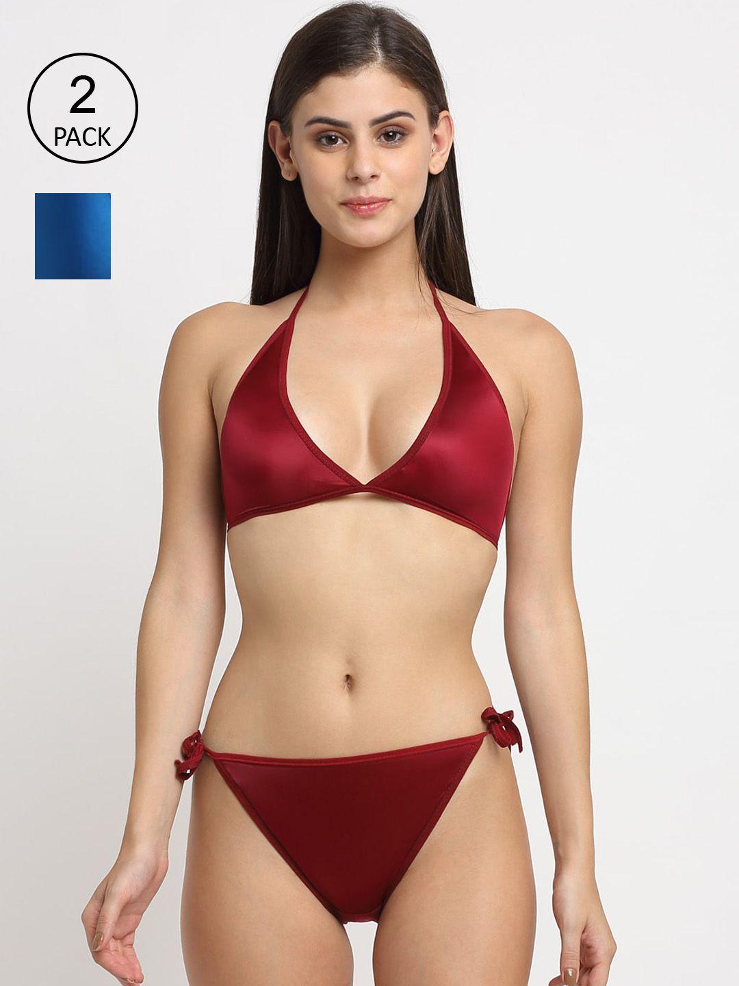 friskers women blue & maroon pack of 2 non padded lingerie set 2o-319-05-319-14-30