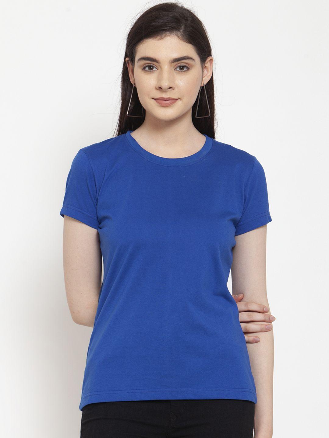 friskers women blue solid round neck t-shirt