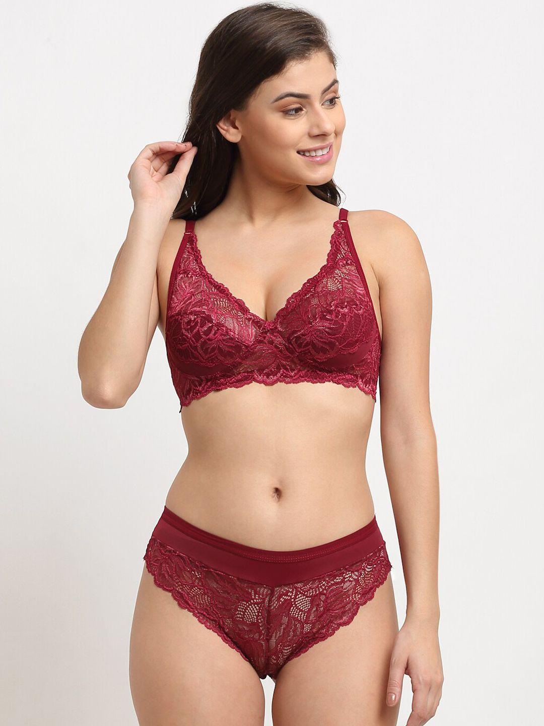 friskers women maroon self design lingerie set oo-308-38-30