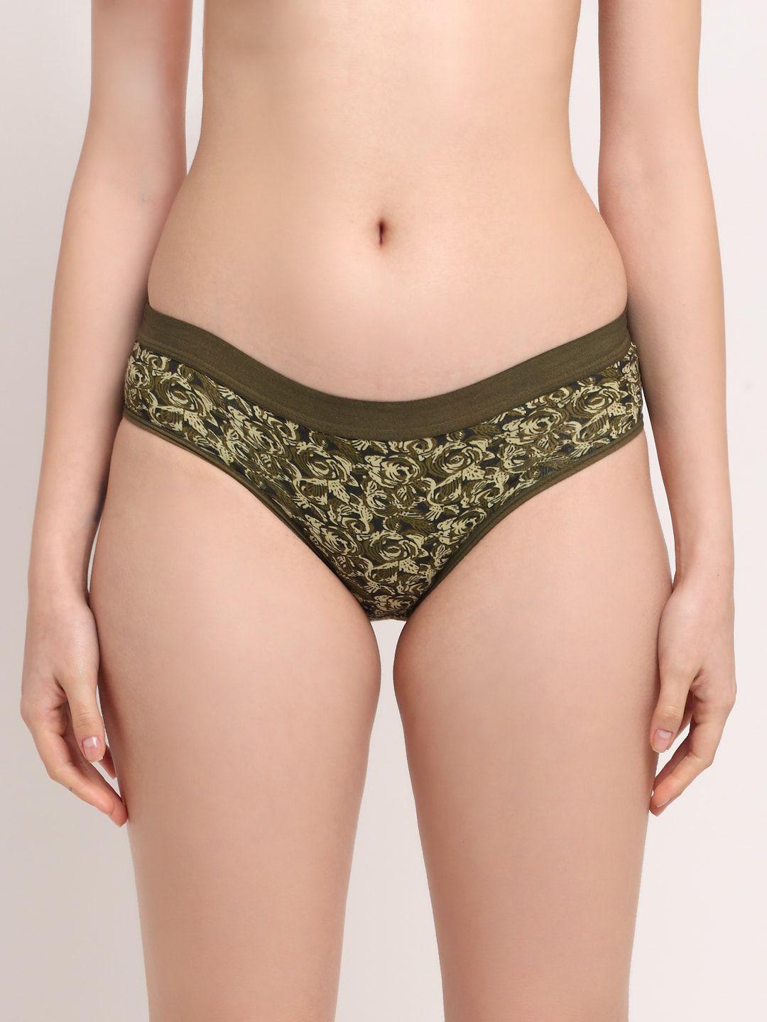 friskers women olive green floral printed premium cotton hipster briefs o-322-34