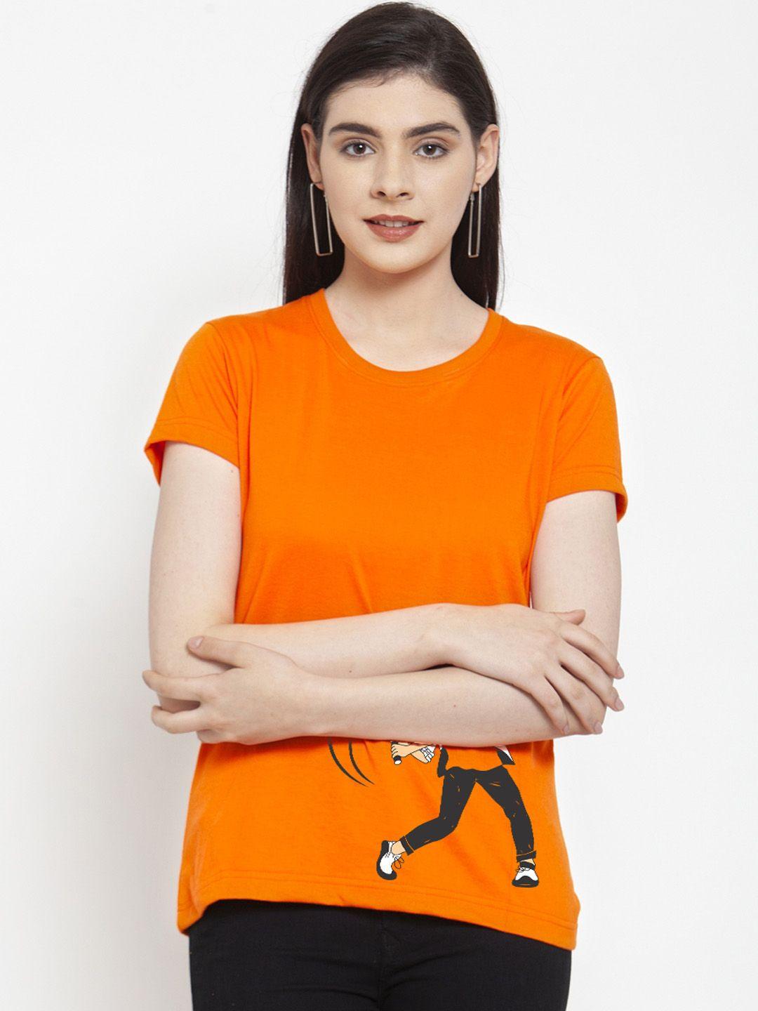 friskers women orange printed round neck t-shirt