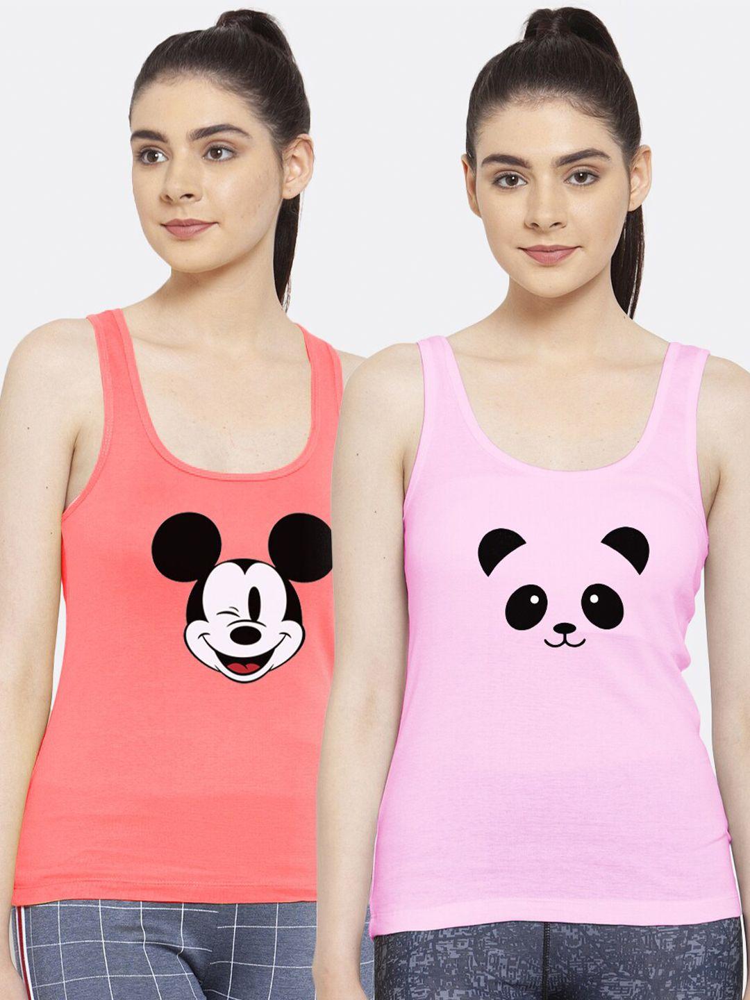 friskers women pack of 2 graphic printed panda pure cotton tank top