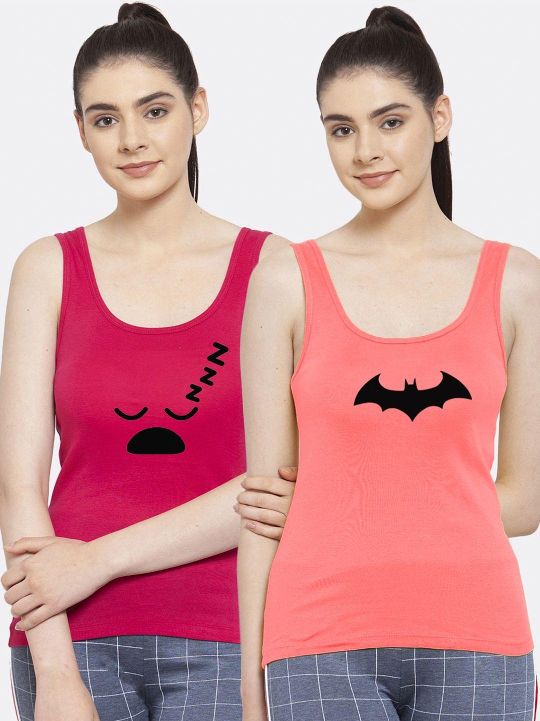 friskers women pack of 2 graphic printed pure cotton tank top