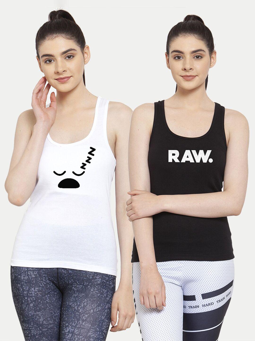 friskers women pack of 2 white & black print cotton tank tops